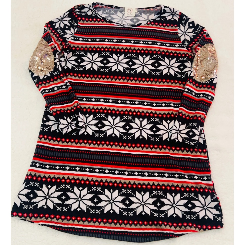 Grace & Emma Fair Isle Snowflake Tunic Top Sequin Elbow Patch Red Black Small